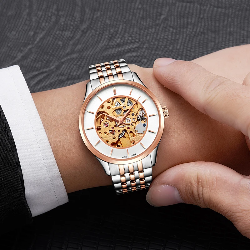 

IK Colouring Mens Watches 2017 Automatic Mechanical Skeleton Dial Male Clock Full Stainless Steel 5ATM Waterproof Heren Horloge