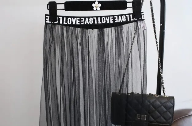 

Summer Women Sexy See-through Mesh Lace Skirts Casual Elegant High Waist Tulle skirt Black Gray White Elastic Pleated Skirt D60