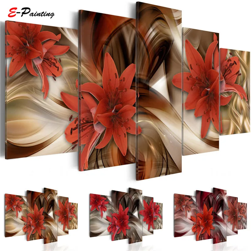 Современная Картина на холсте 5 штук красный цветок лилии абстрактный изысканный