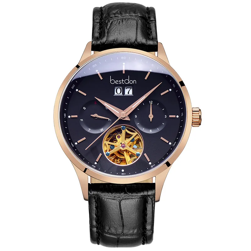 Rose-black-Leather Bestdon швейцарские автоматические часы мужские механические водонепроницаемые часы с скелетом модные полностью стальные светящиеся наручные часы с датой пилота - Цвет: Rose-black-Leather