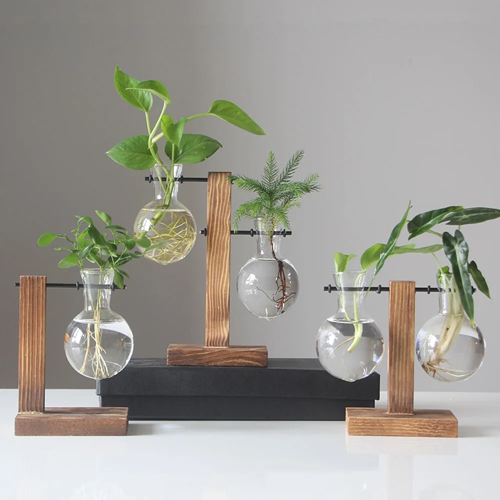 

Glass and Wood Vase Planter Terrarium Table Desktop Hydroponics Plant Bonsai Flower Pot Hanging Pots with Wooden Tray Home Decor