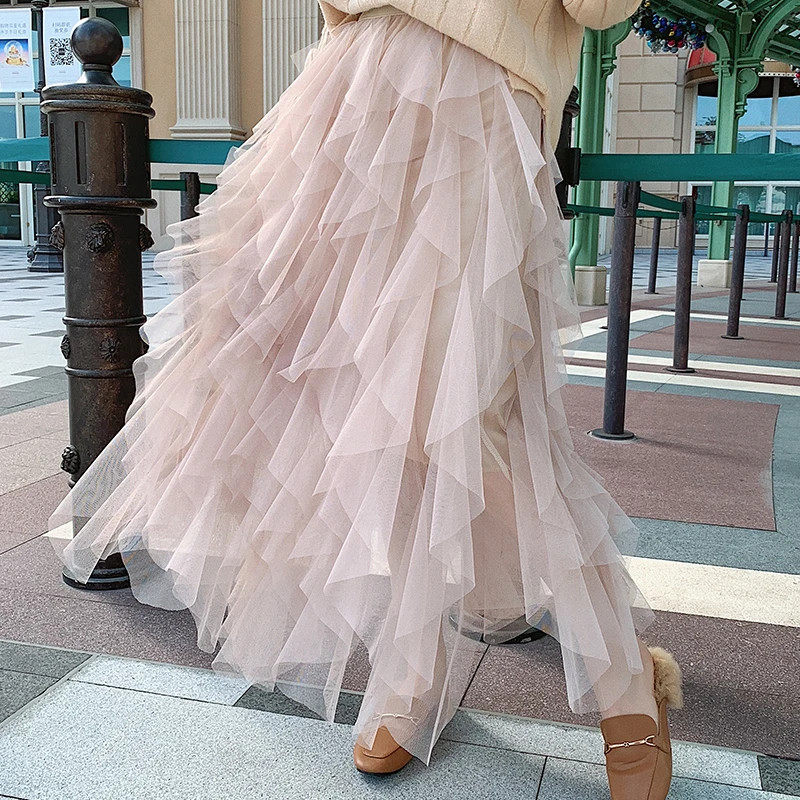 

2019 Tulle Skirts Women High Waist Mesh Hem Pleated irregular long Skirt