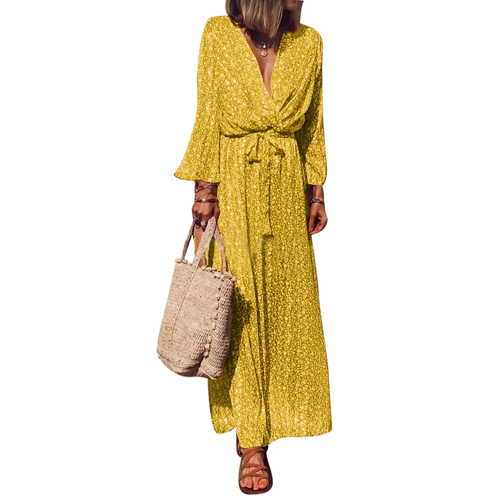 Модное женское богемное платье размера плюс винтажный цветочный принт глубокий v