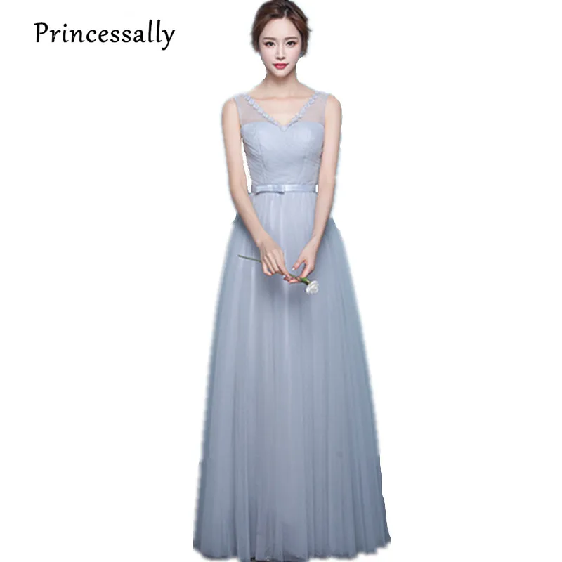 Платье подружки невесты длинное светло серое платье без рукавов для выпускного