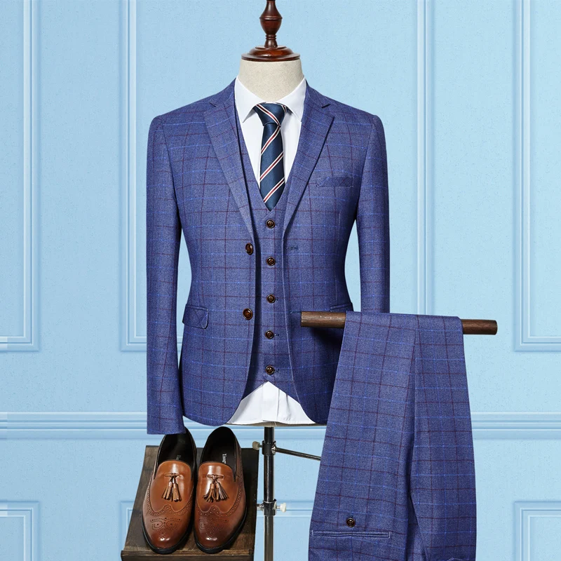 

2020 new Blue Mens plaid three-piece set S M L XL XXL XXXL men Suit Jacket + Pants + Vest High quality mens suits Blazers