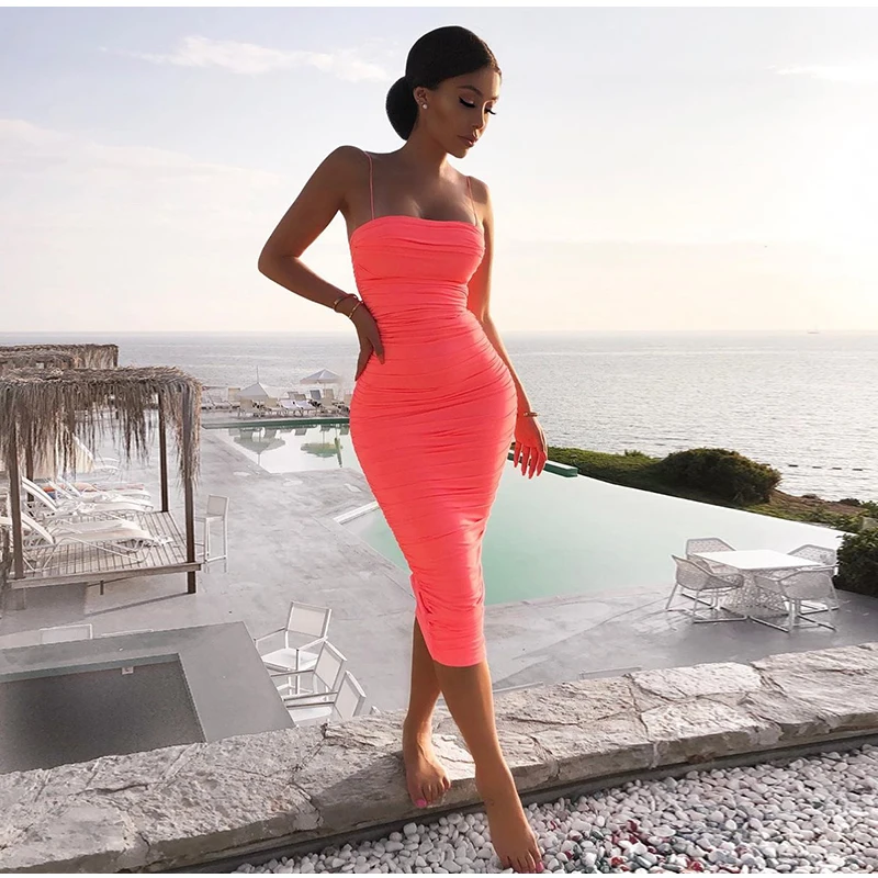 Colysmo 2 Layers Bodycon Women Dress Summer Pleated Long Dress Woman Party Night Slim Fit Sexy Dress Maxi Pink White Robe