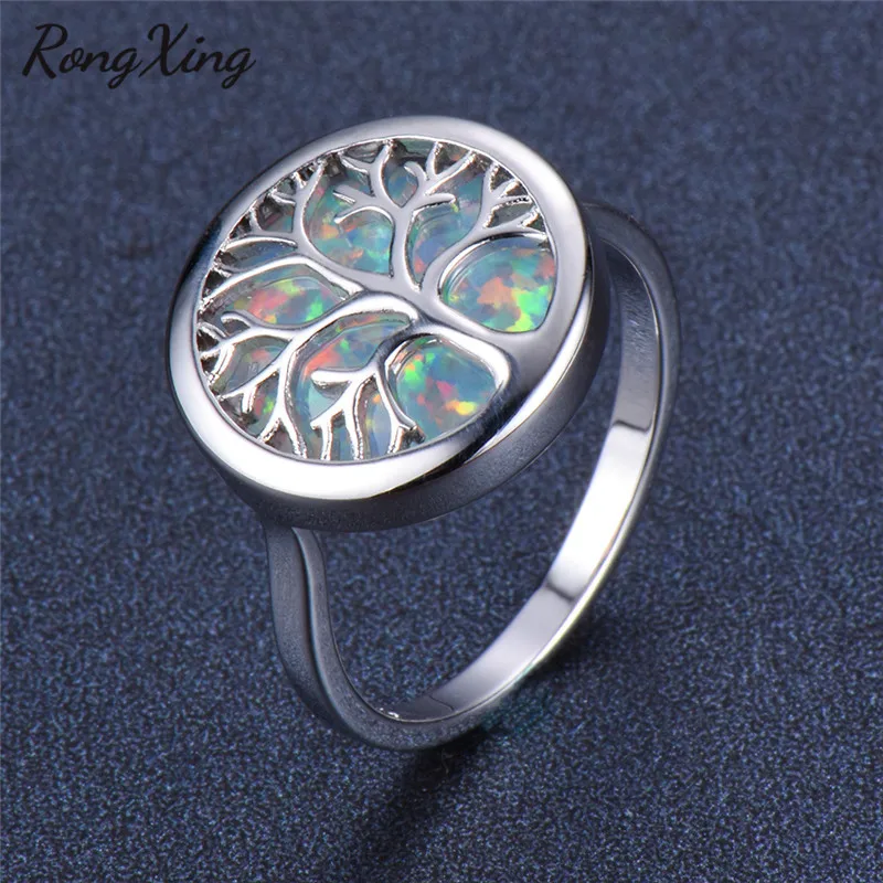 RongXing Овальный/Круглый Синий/Белый огненный опал жизни Дерево кольца для женщин 925 пробы заполненный серебром камень палец кольцо любовника подарок