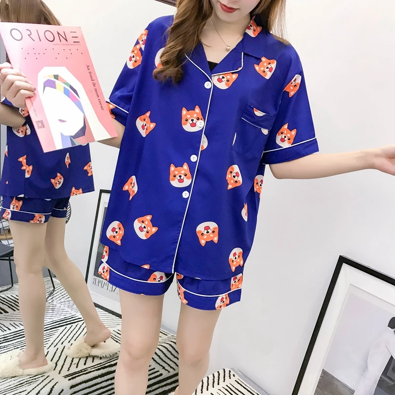 Для женщин летние пижамы Kpop Шиба Kawaii с рисунком собаки шелковые mujer наборы
