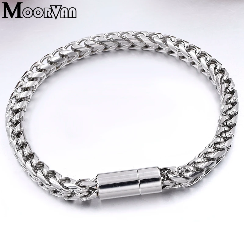 Moorvan подарок стильный винтажный черный браслет из нержавеющей стали для мужчин, магнитная застежка, 6 мм широкая цепочка круглая огранка Шарм Мужской отец ювелирные изделия