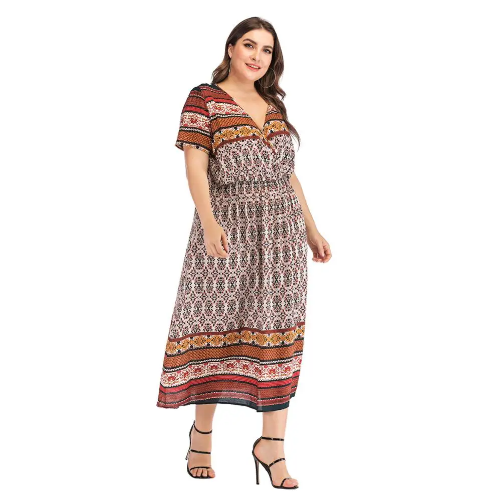 Женское платье большого размера 2019 Boho с длинным v-образным вырезом и коротким
