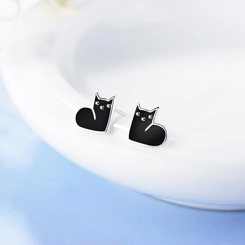 

KOFSAC Trendy 925 Sterling Silver Earrings For Women Jewelry Charming Cute Black White Cat Stud Earring Female Party Accessories