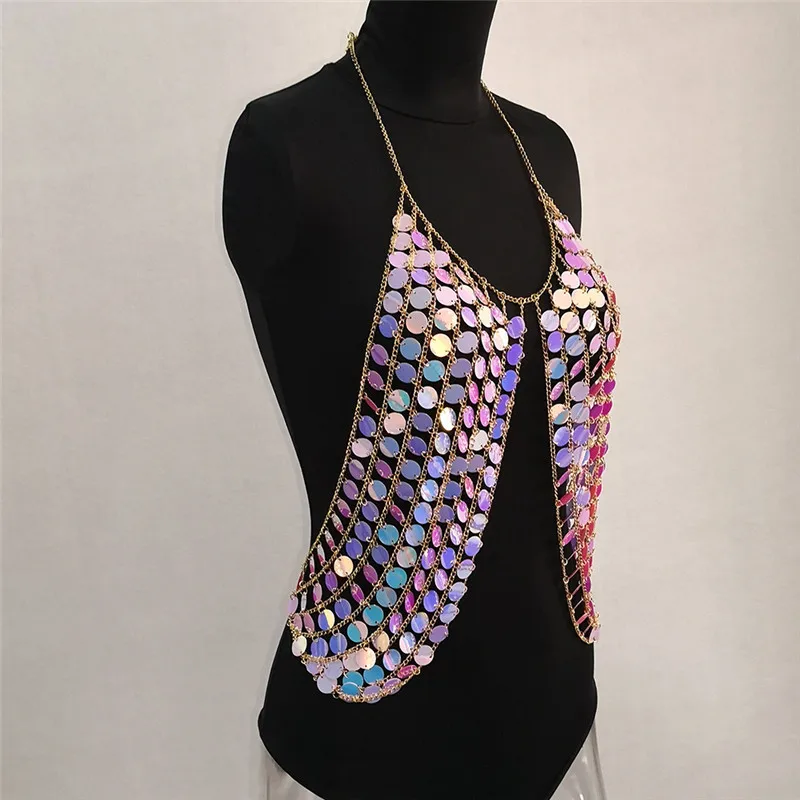 Sexy Bling Metal Chest Chain Summer crop top Women Sparkling Sequins Halter tank tops cropped shirt Luxury Nightclub Party Vest | Женская