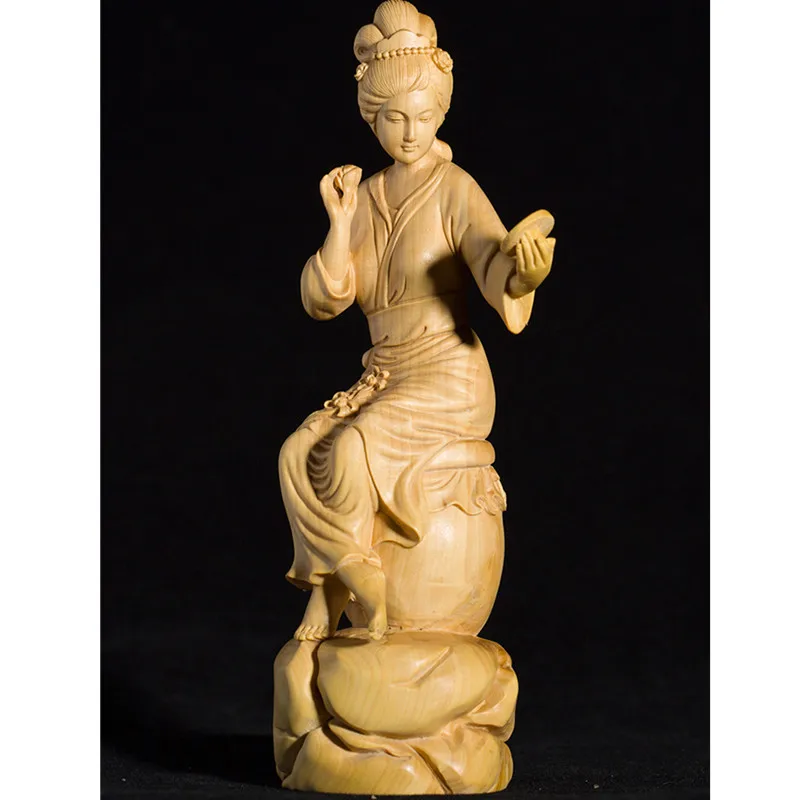 

Chinese Boxwood Carving Crafts Classical Beauty Belle Makeup Ornaments Solid Wood Antique Ladies Home Living Room Decor M1532