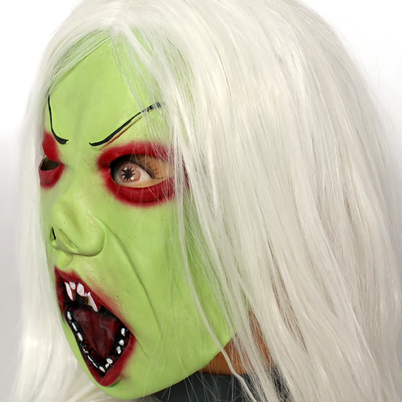 Белая колдунья зеленая латексная маска ужаса Хэллоуин скелет лицо рукав платье