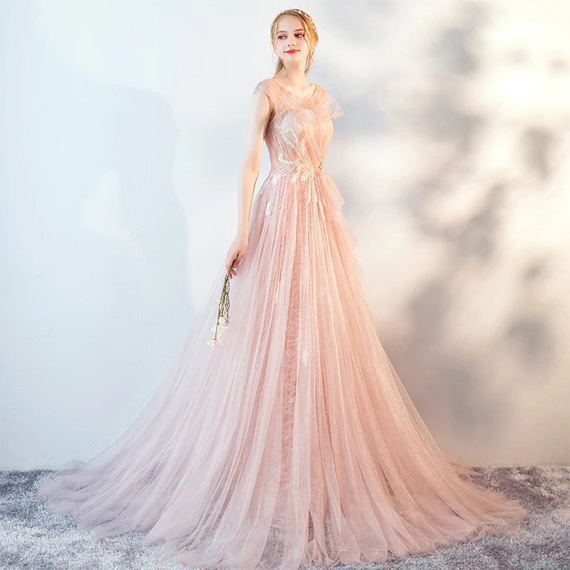 Женское длинное вечернее платье SSYFashion элегантное розовое кружевное бальное со