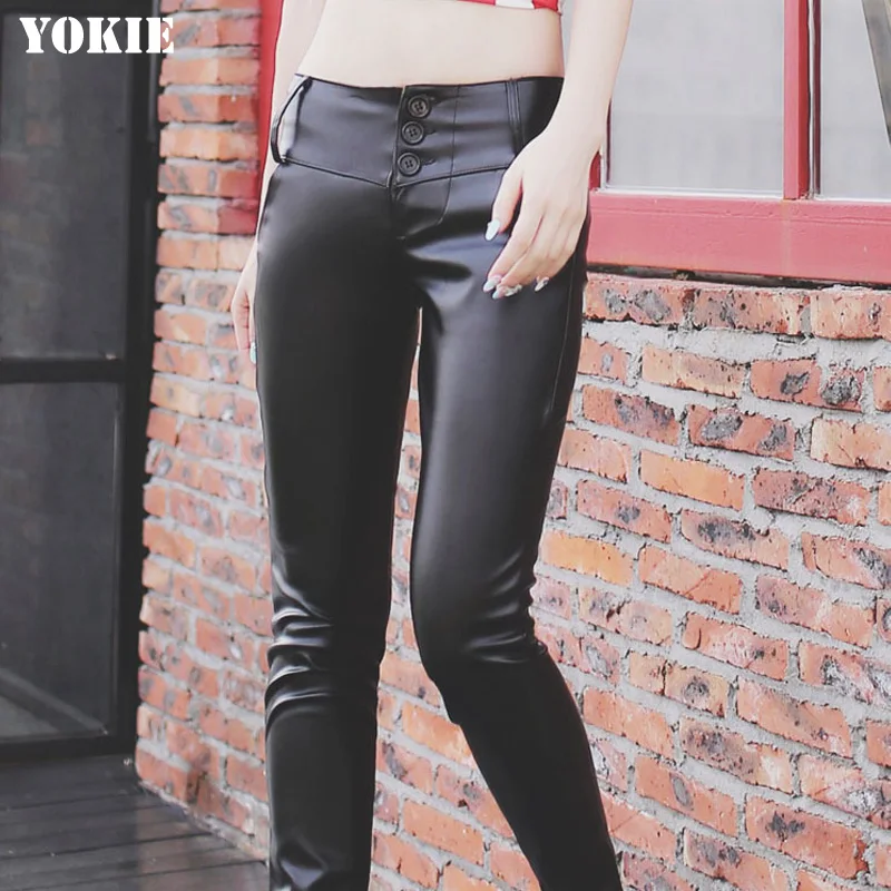 Женские кожаные брюки с высокой талией черные зимние женские эластичные из
