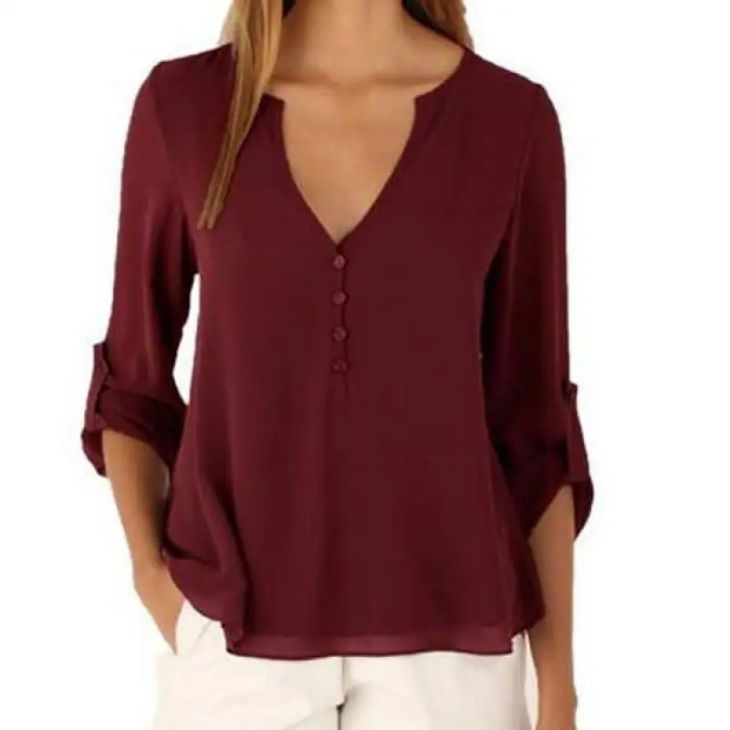 Женская шифоновая блузка с длинным рукавом и V-образным вырезом |