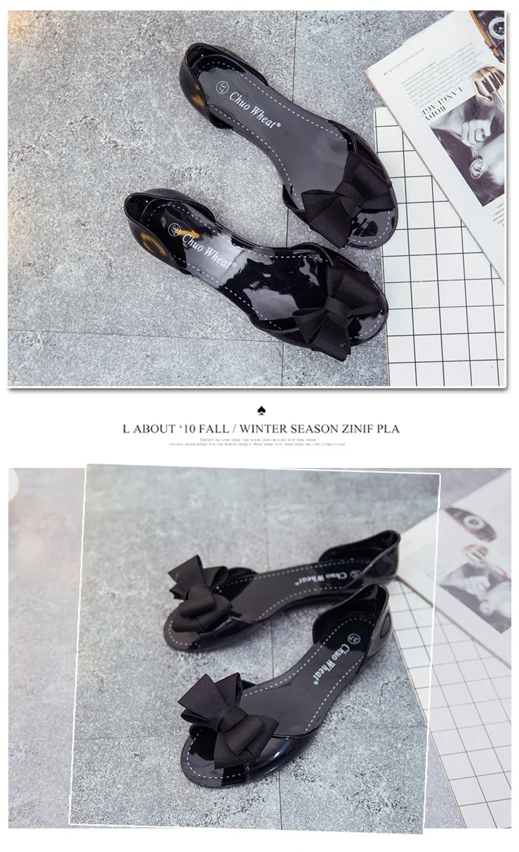 ZHENZHOU Sandals female flat bottom wild jelly shoes soft bottom plastic bow fish mouth shoes Korean women's shoes new