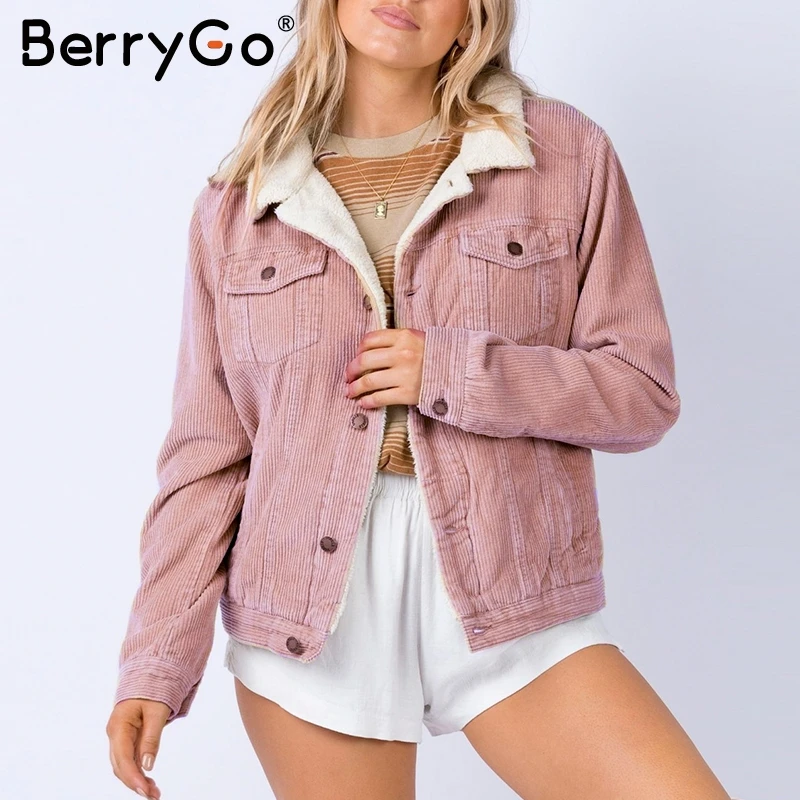 BerryGo Повседневная Вельветовая зимняя куртка пальто женская из овечьей шерсти с