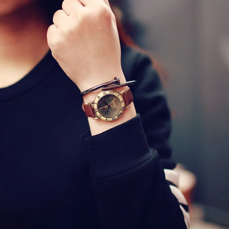 Классический Эйфелева башня винтажная римская циферблат латунь женские часы