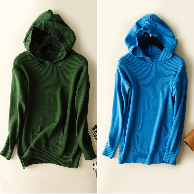 Cashmere Sweater with Hat Women Fashion Autumn Female Pullovers Knit Coat Blouse Winter Knitwear 2XL | Женская одежда
