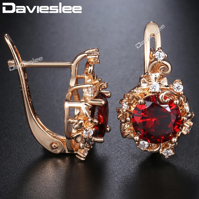 Женские серьги гвоздики Davieslee с круглыми красными фианитами заполненные розовым