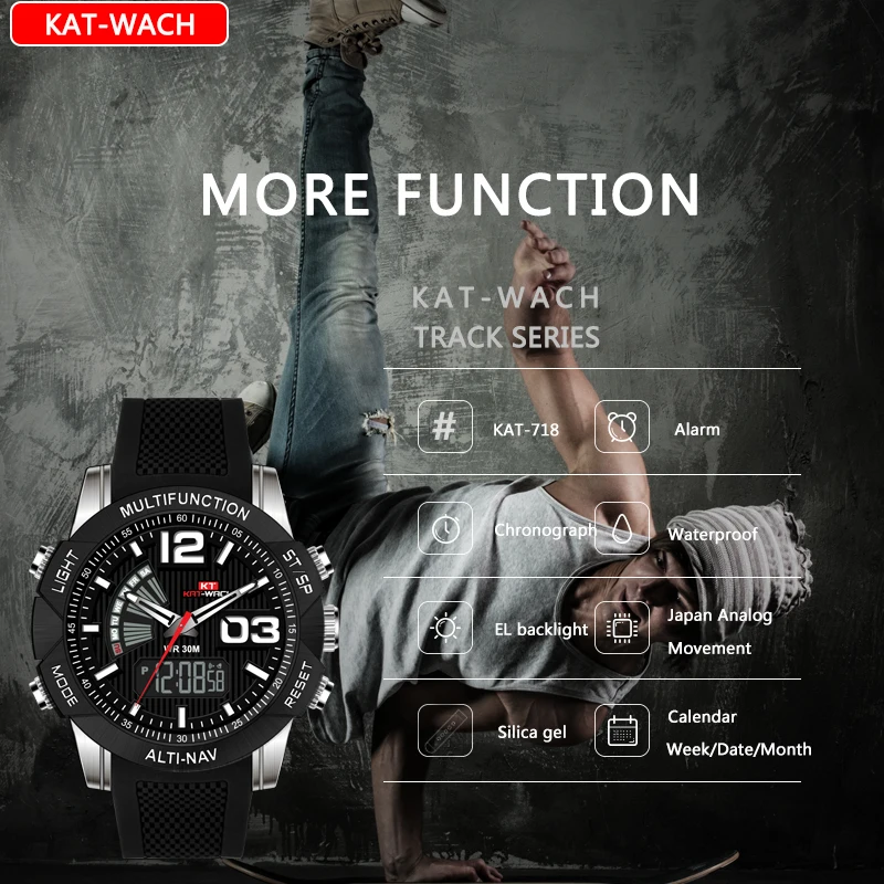 KAT-WACH мужские спортивные часы с двойным дисплеем аналоговые цифровые