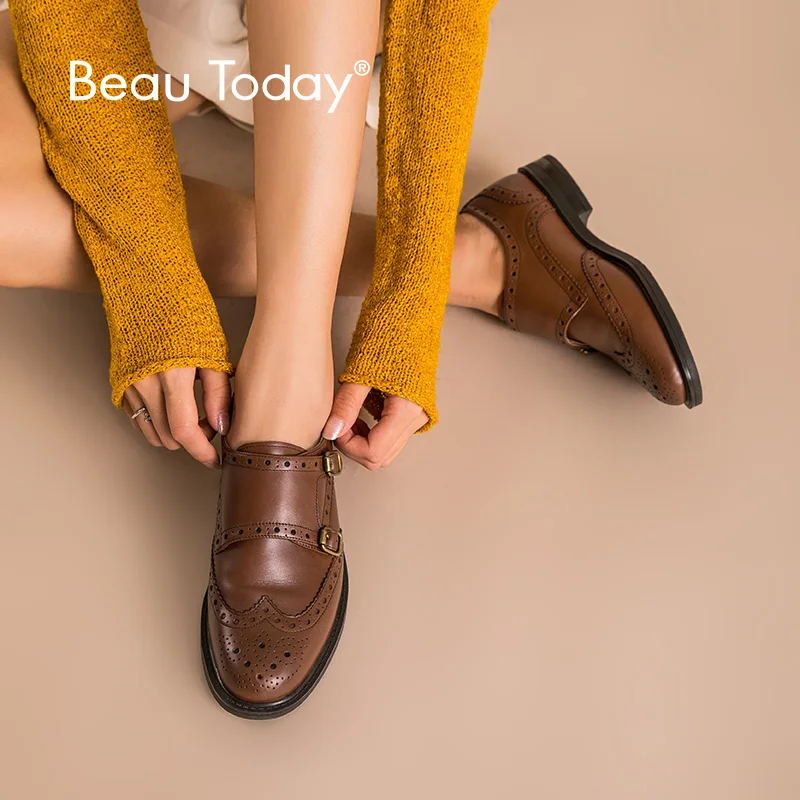 BeauToday Monk/Женская обувь с ремешками из натуральной телячьей кожи; броги с круглым носком коричневого цвета; повседневная женская обувь на плоской подошве ручной работы; 2140820