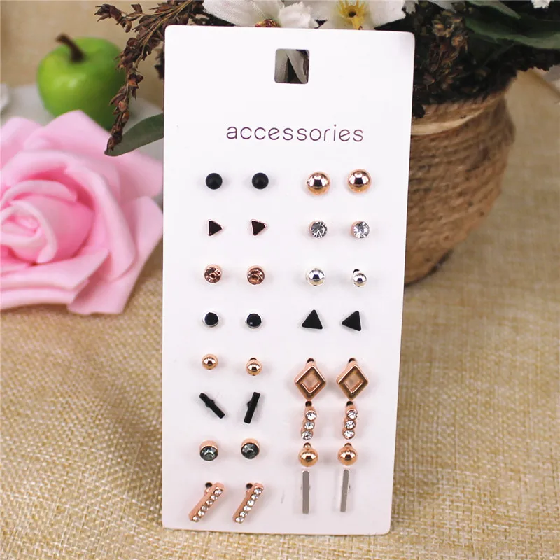 XQ Korean style stud earrings set 16 pairs / card black plated rose gold color triangle geometry combination woman accessories | Украшения
