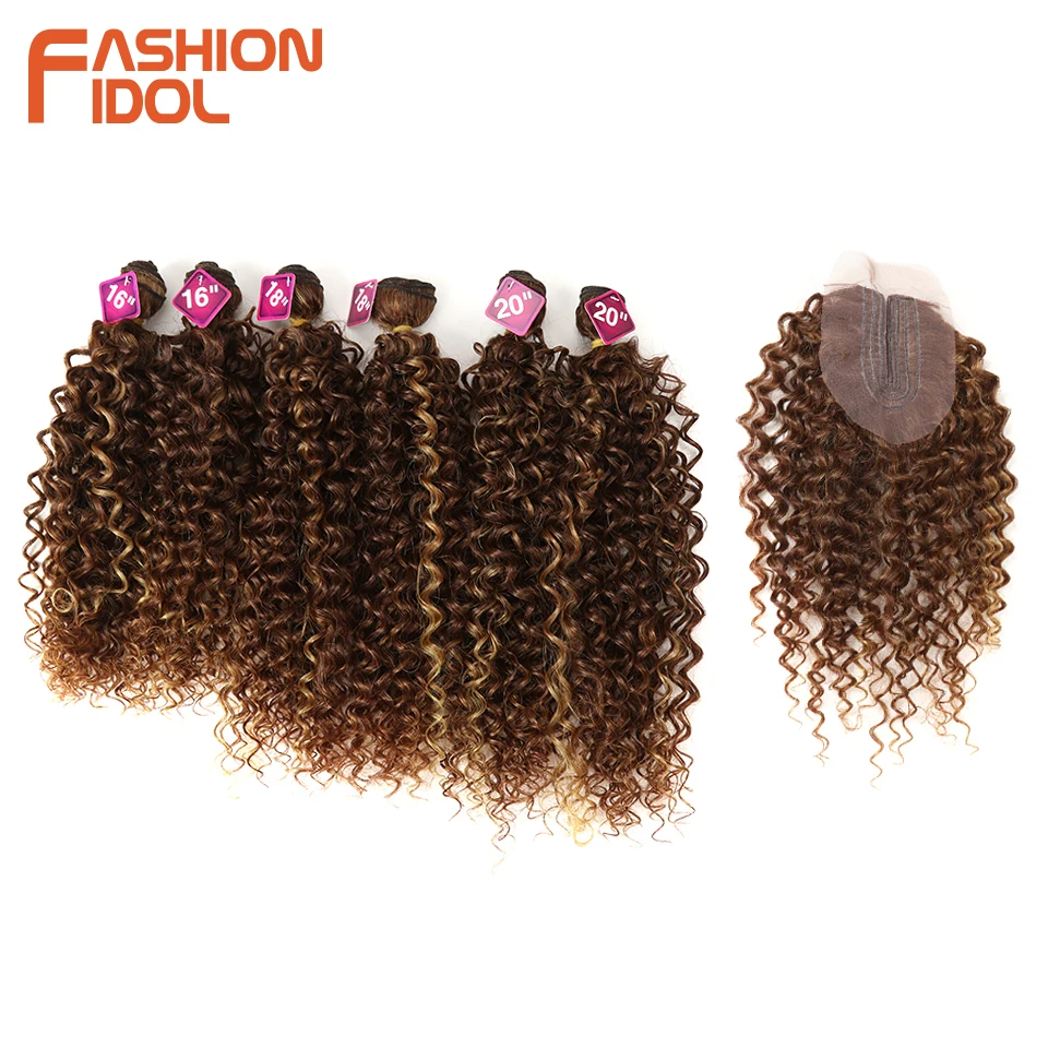 FASHION IDOL Afro Kinky Curly Hair Synthetic Hair Bundles Middle Part Lace With Closure 16-20 inch Weave Fake Hair Extensions