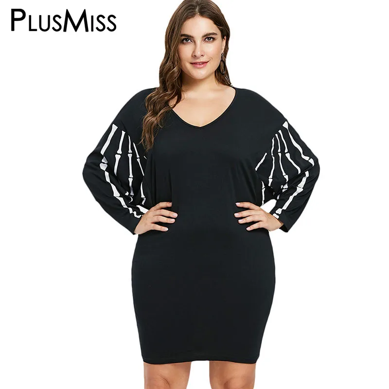PlusMiss размера плюс 5XL скелет череп на Хэллоуин принт черные вечерние платья для