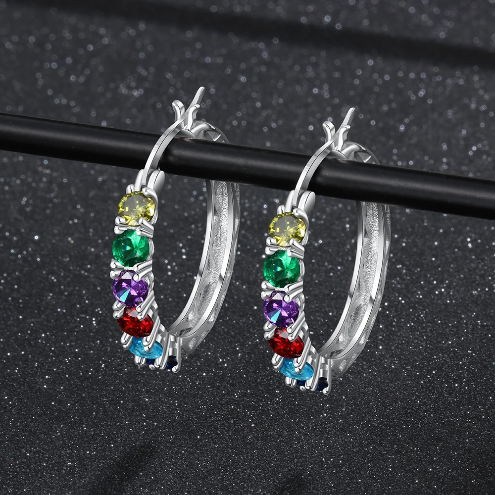 Personalized 925 Sterling Silver Hoop Earrings for Women Custom 6 Birthstones Statement Earrings Birthday Gift JewelOra EA103257