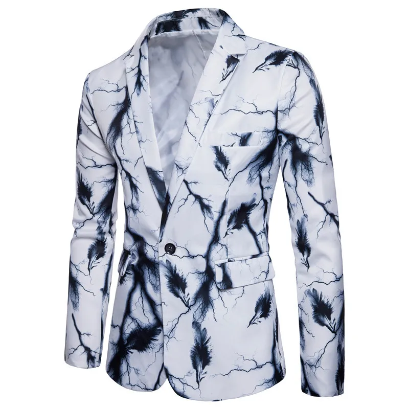 AutumnBlazers мужской костюм куртки молния перо печати Производительность куртка Тонкий Блейзер Мужской одной кнопки верхняя одежда пальто XXXL - Цвет: Белый