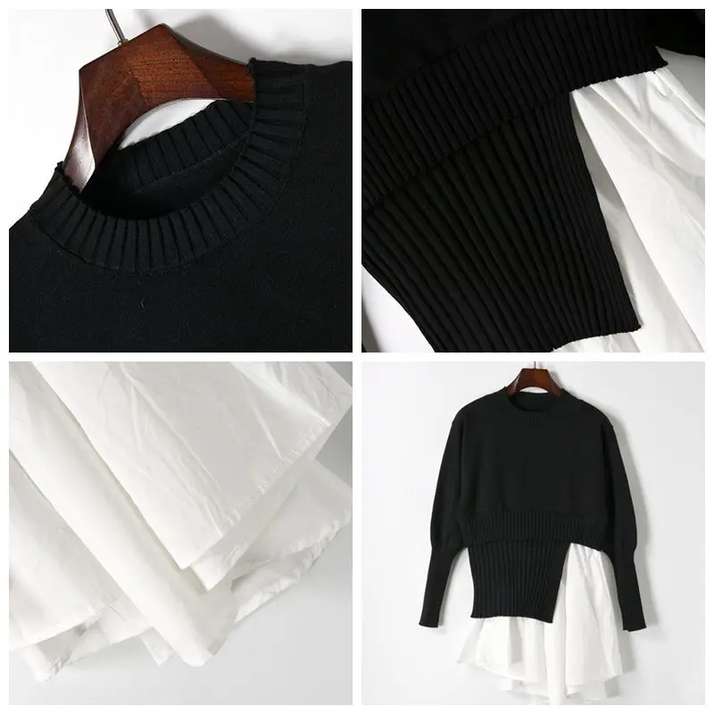 

Autumn Patchwork Asymmetrical Knitted Sweater Women O Neck Long Sleeve Fake Two Pieces Pullover Korean Fashion Clothing