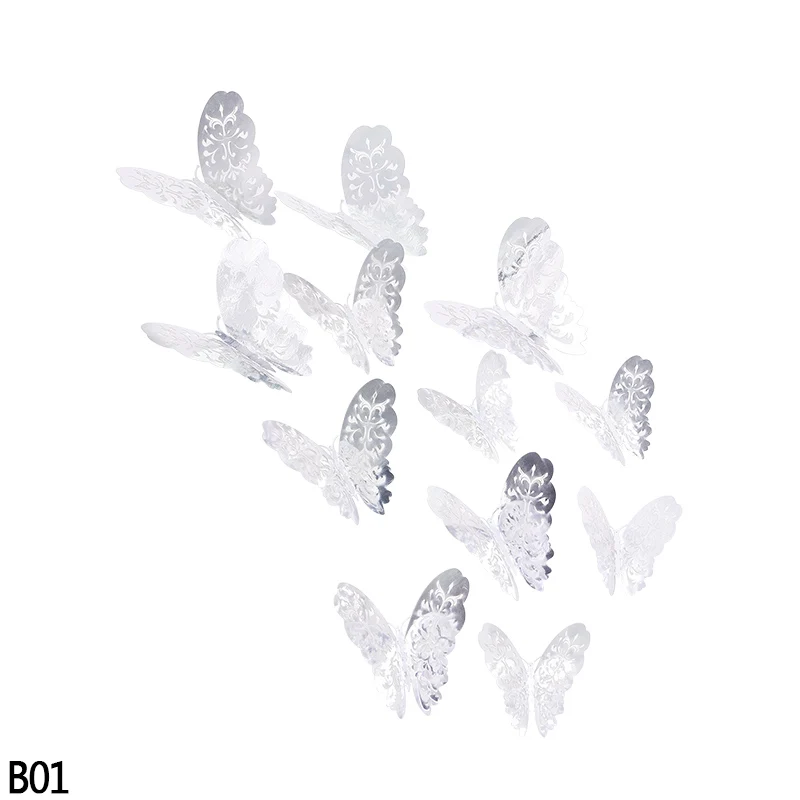 B01-12Pcs 12 шт. красивые розовые золотые серебряные 3D полые бабочки настенные Стикеры для свадьбы, дня рождения, вечеринки, дома, детской комнаты, декоративные настенные наклейки - Цвет: B01-12Pcs
