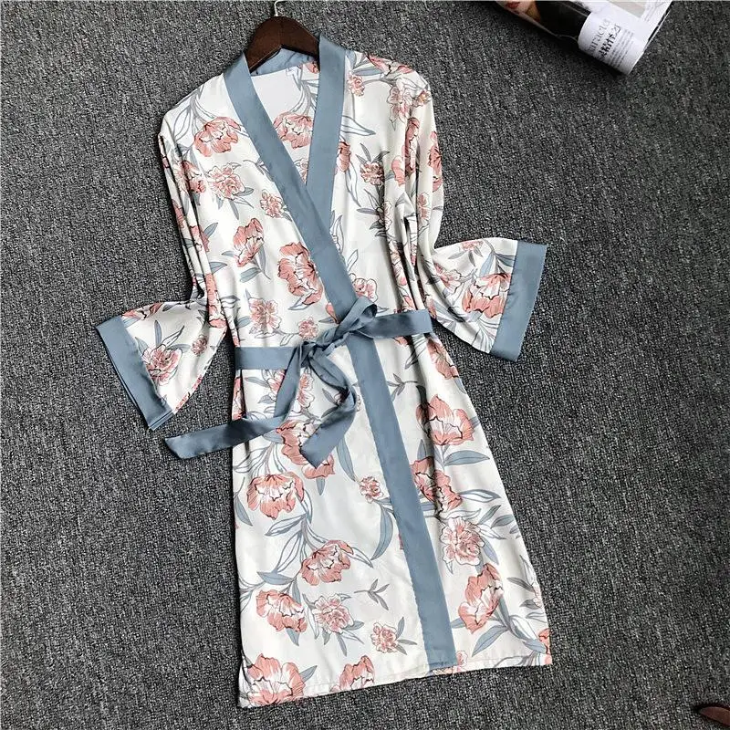 Lake Blue Robe Летний женский халат с принтом для невесты и подружки невесты, шелковистая ночная рубашка, домашний халат, сексуальное ночное белье, M-XL - Цвет: Lake Blue Robe