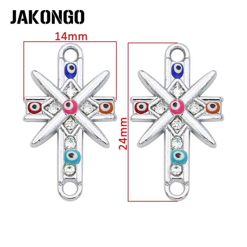 JAKONGO Silver Plated Crystal Cross Evil Eye Connector for Jewelry Making Bracelet Findings DIY Accessories 24x14mm 5pcs | Украшения и