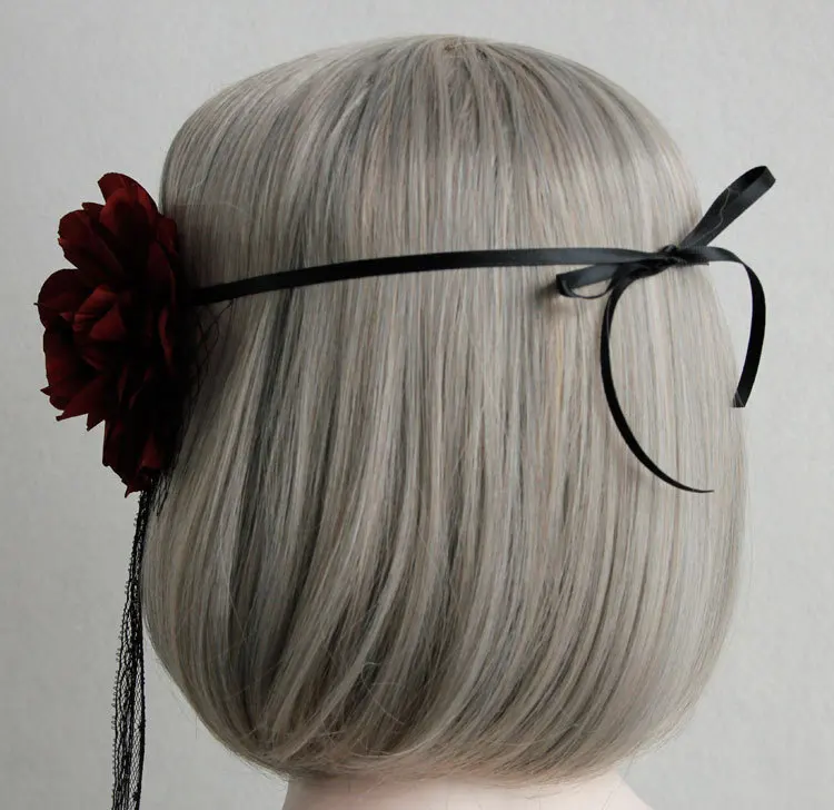Halloween Black Lace Covered Veil Red Rose Death Headpieces Sexy Ball Half Face Mesh Headband |