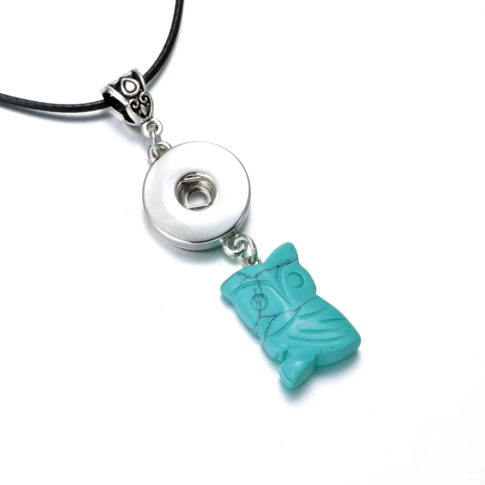 DZ1722a High quality Blue leather Necklace Fit 18mm Snap Button Owl Pendant Snaps Jewelry|snap jewelry pendant|snap button pendantsowl snap necklaces
