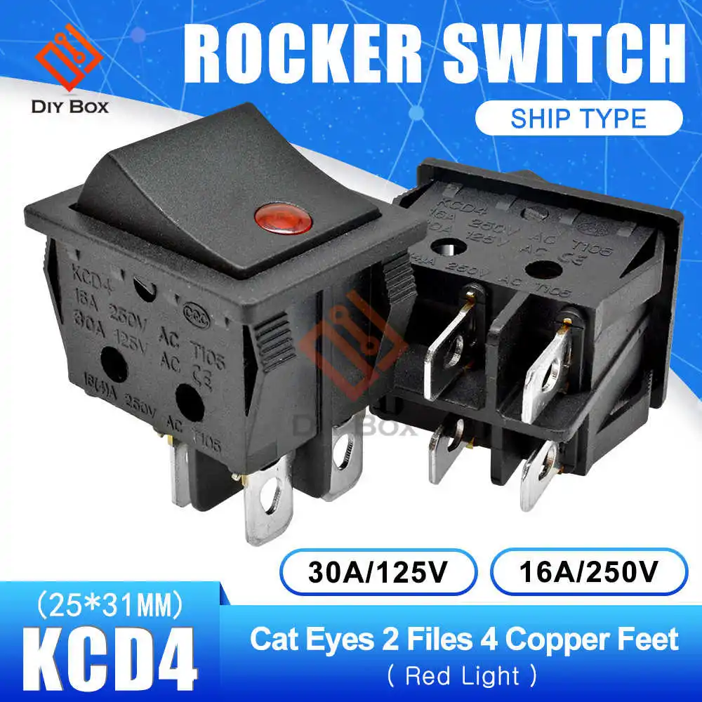 ON-OFF 4Pin Red KCD4 клавишная кнопка выключателя питания ВКЛ-ВЫКЛ/ВКЛ-ВЫКЛ-ВКЛ 2/3 положение 4/6 Pin электрическое оборудование со световым выключателем лодки 16A 250 В - Цвет: ON-OFF 4Pin Red