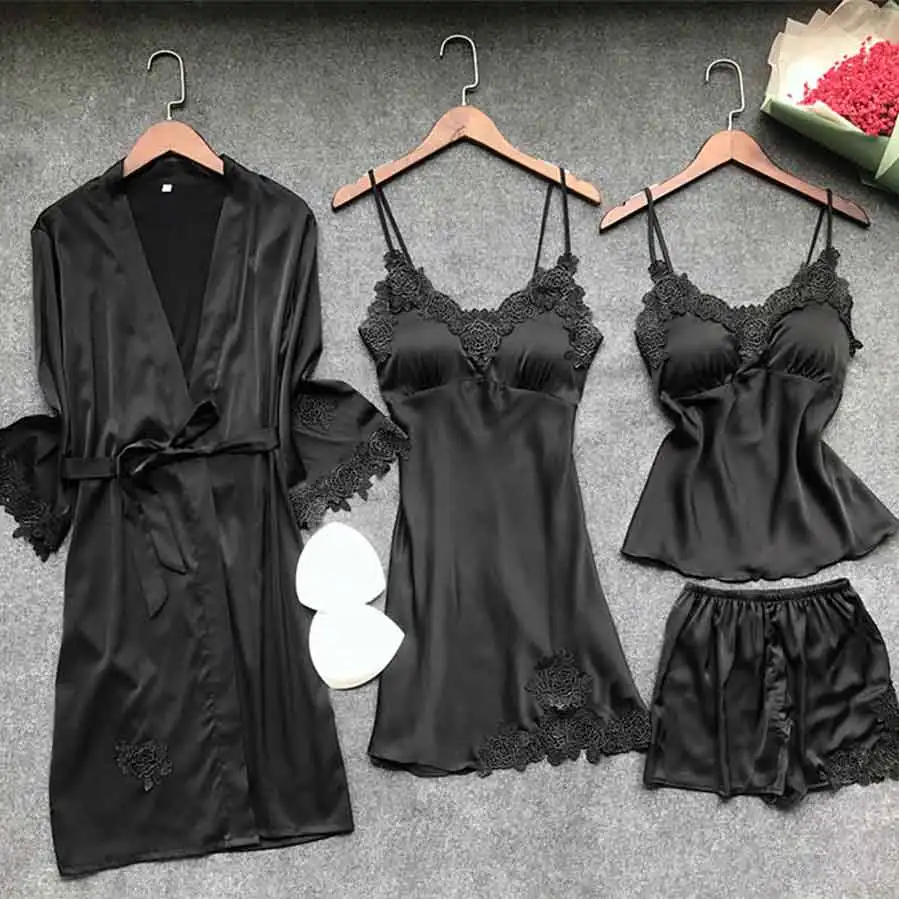 balck Сексуальный женский халат, комплекты платьев, кружевной халат, ночное платье, 4 штуки, одежда для сна, женский шелковый халат, домашняя одежда, женское белье - Цвет: balck