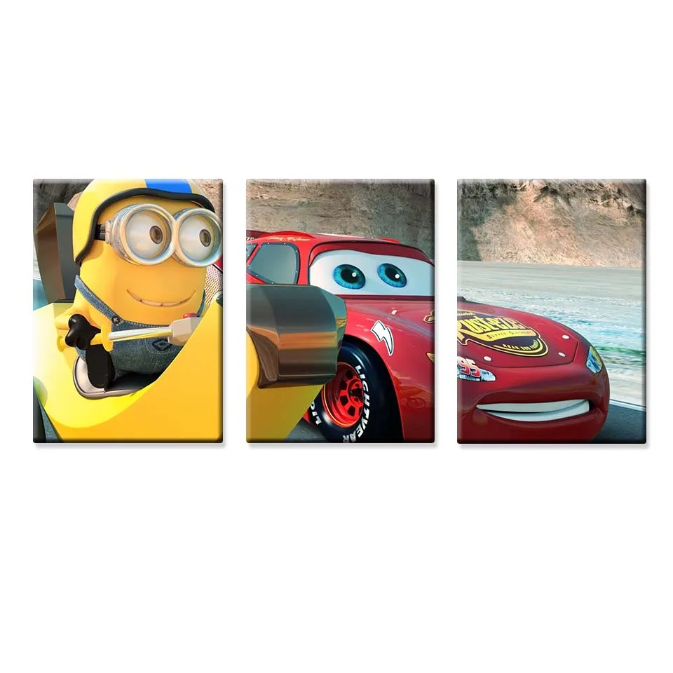 Печать в формате HD холст живопись 3 панели мультфильм красный желтый автомобиль