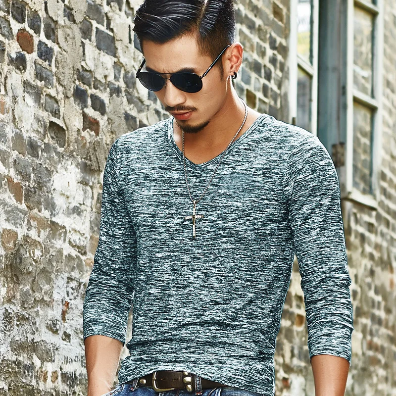 Мужская хлопковая футболка с длинным рукавом и V-образным вырезом | одежда