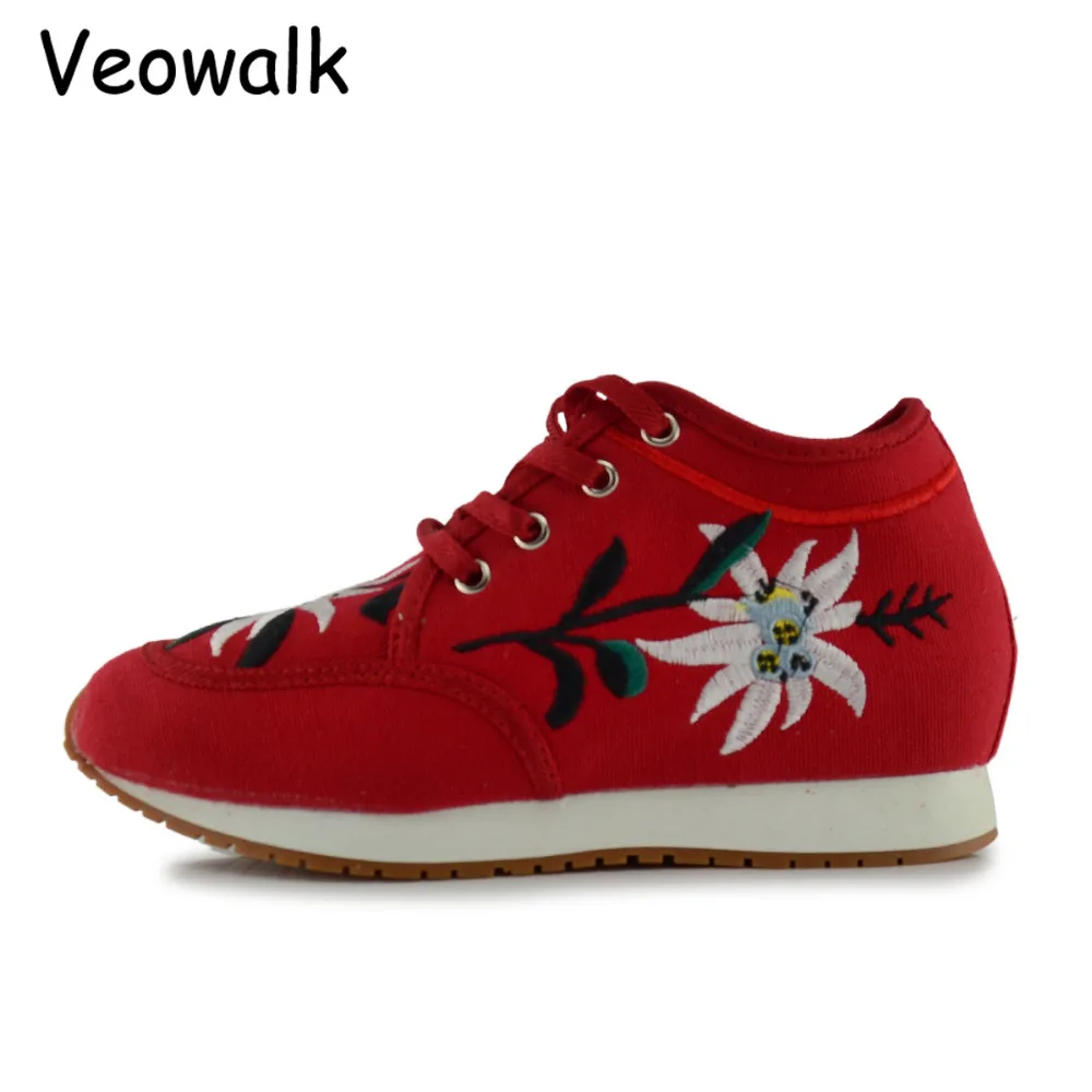 Женские холщовые туфли Veowalk со средним верхом на платформе с цветочной вышивкой
