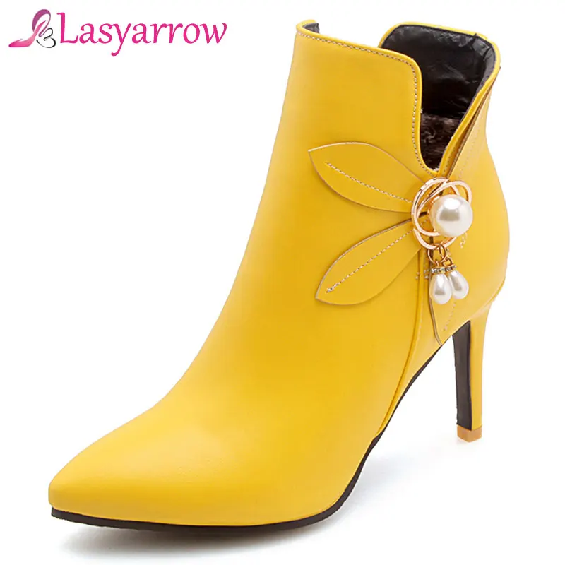 

Lasyarrow Pointed Toe High Heel Chelsea Boots Soft Leather Short Ankle Boots for Women Sexy High Heel Women Boots Size 48 F446