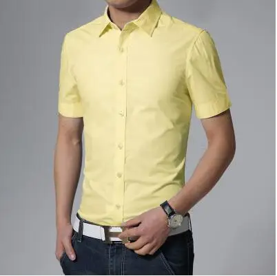 yellow 17 цветов, однотонные мужские рубашки, короткий рукав, лето, новинка, брендовые, camisetas hombre, облегающие, дизайнерские, повседневные рубашки, Размер 3xl - Цвет: yellow