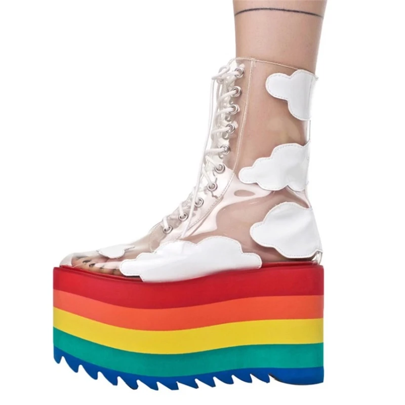 Buono Scarpe/Новинка года; Радужная обувь на толстой подошве; модная прозрачная ПВХ-кожа; Крутые ботинки на шнуровке; женские ботинки для ночного клуба