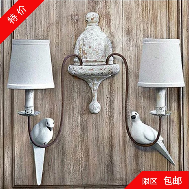 Retro American country wrought iron headboard Nordic corridor hallway bedroom wall lamp antique wood bird | Освещение