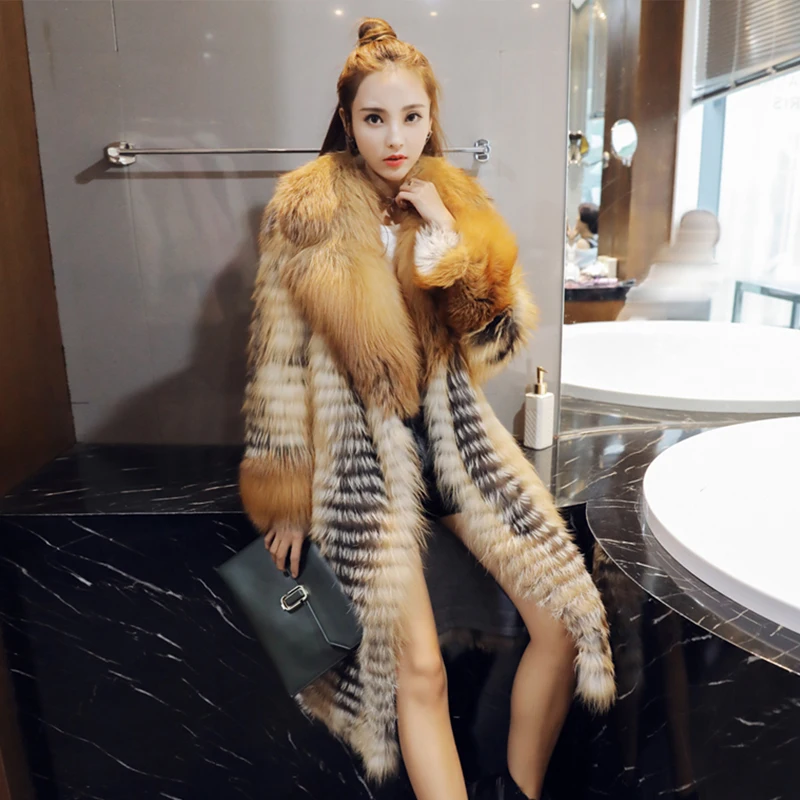 LVCHI 2019 Winter 5 Color Genuine Fur Women's Real Fur Coats Women With Fox Collar Pocket Covered Button Full Sleeve Fox Coat