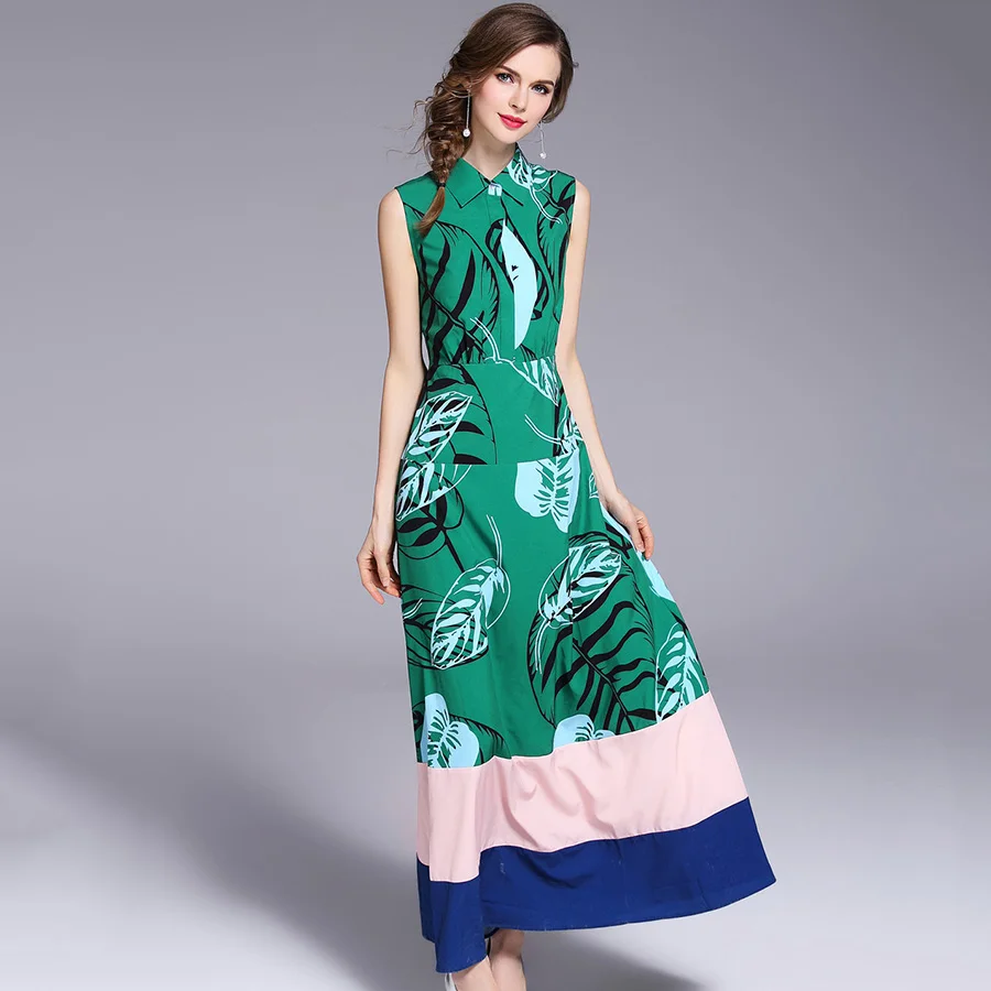 Повседневное длинное летнее платье 2018 новые женские Модные без рукавов отложной